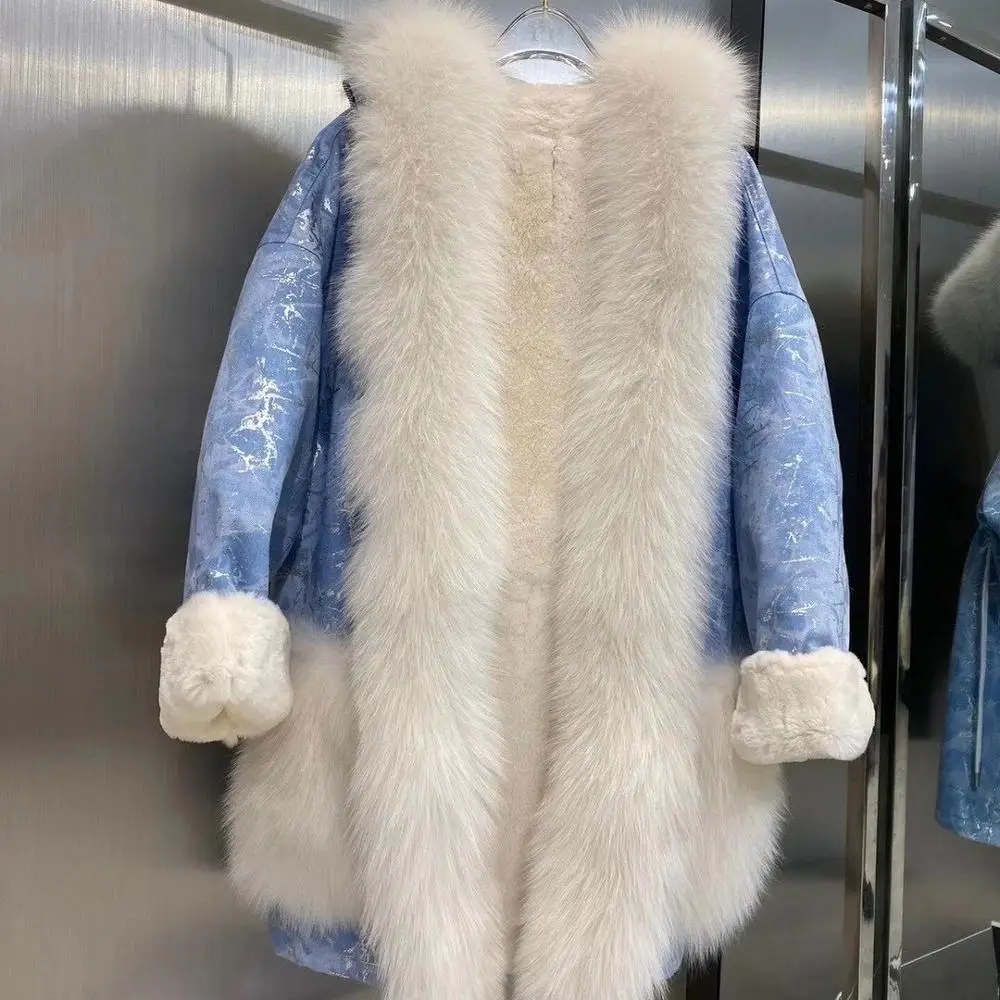 

2020 Denim Jacket Soft Winter Fox Fur Collar Coat Women Real Rex Rabbit Fur Lining Outwear Graffiti Winter Female