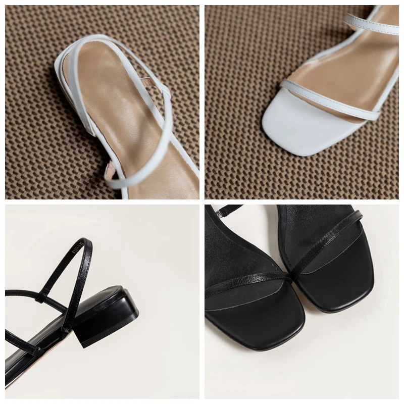 

ASILETO 2021 Genuine Leather Sandals Narrow Band Solid Open Toe Slip On 3cm Chunky Heel Shoes US8 9 Black Apricot White A4266