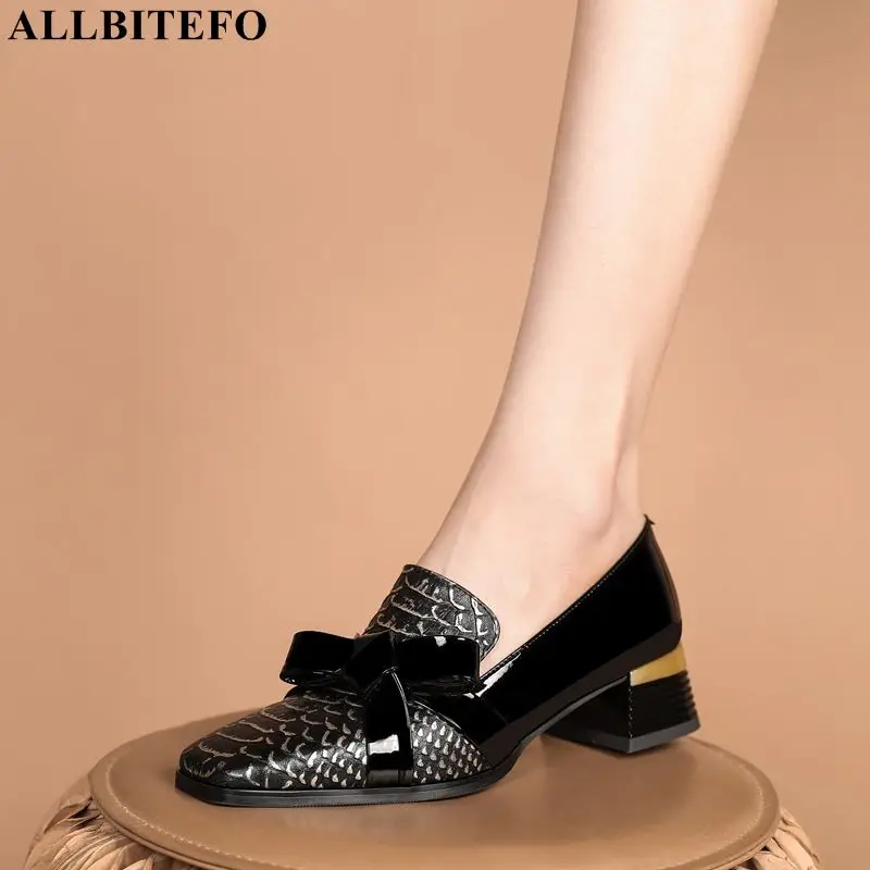 

ALLBITEFO, размер 34-42, змеиная текстура, модные женские туфли из натуральной кожи с бантом-бабочкой на каблуке, Клубная обувь для вечерние, туфли на высоком каблуке для девочек