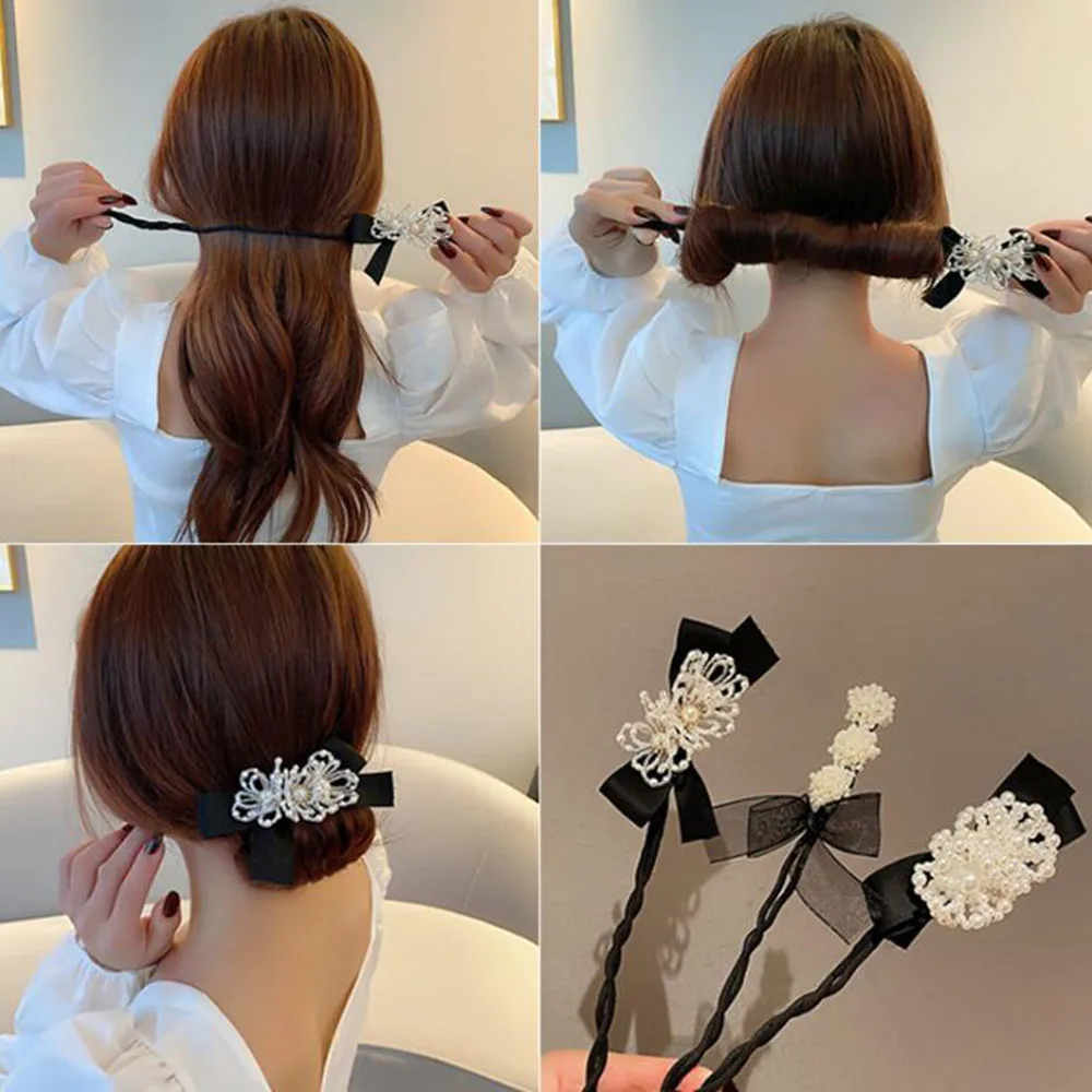 

Fashion Women Elegant Flower Pearls Hair Curls Bun Diy Hair Style Donut Quick Maker Ribbon Hair Making Tool Hair Accessories