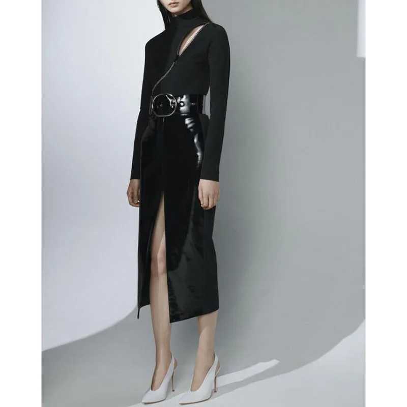 

Women Dresses 2019 High Quality Autumn Designer Runway Stand Collar Long Sleeve Split Belt Patchwork Dresses NP0745J