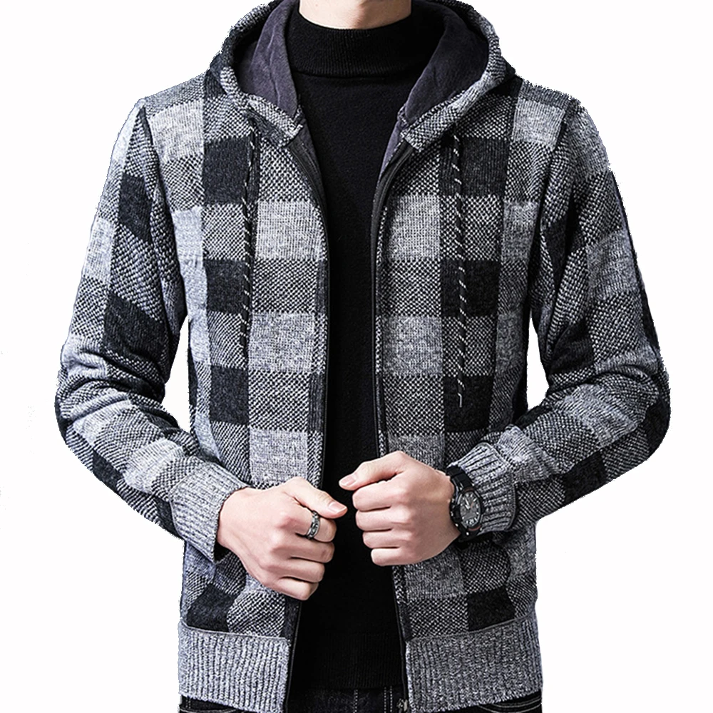 Covrlge Men's Hooded Cardigan Sweater Jacket Winter Plus Velvet Thick Plaid Warm Casual Hoodie Sweater Coat Streetwear MWK023