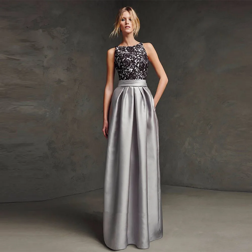 

Robe de Soiree Longue Christmas Silver Formal Evening Gown Black Lace Elegant Prom Sleeveless 2020 mother of the bride dresses