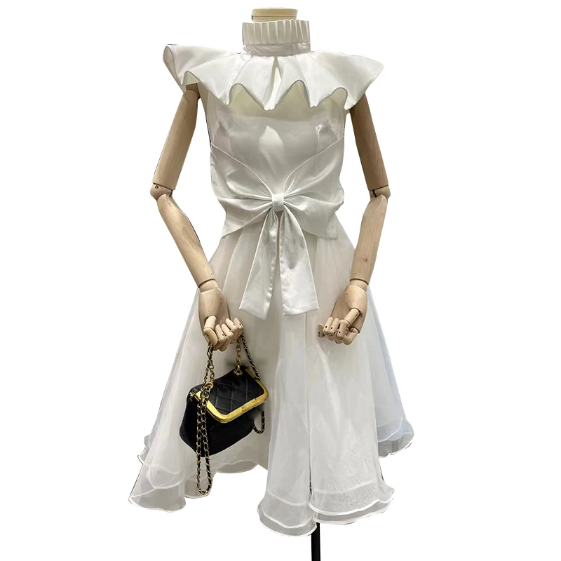 

Sweet White Patchwork Bowknot Dress For Women Half High Collar Sleeveless High Waist Midi Dresses Female 2021 Style