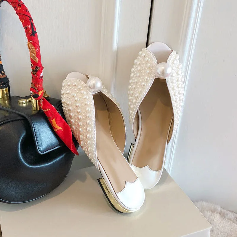 2020 Роскошные туфли без задника с жемчугом Женские белые шлепанцы Обувь на