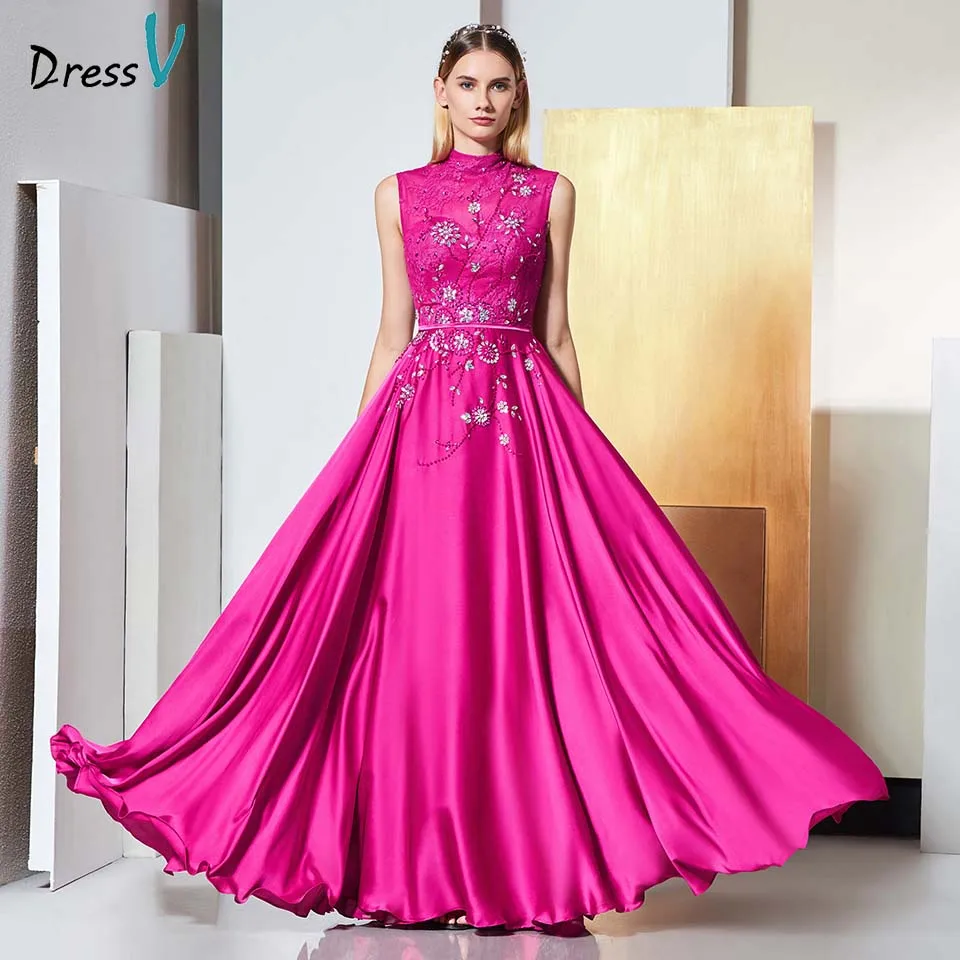 Dressv фуксия вечернее платье с высокой горловиной бисером кружева трапециевидной