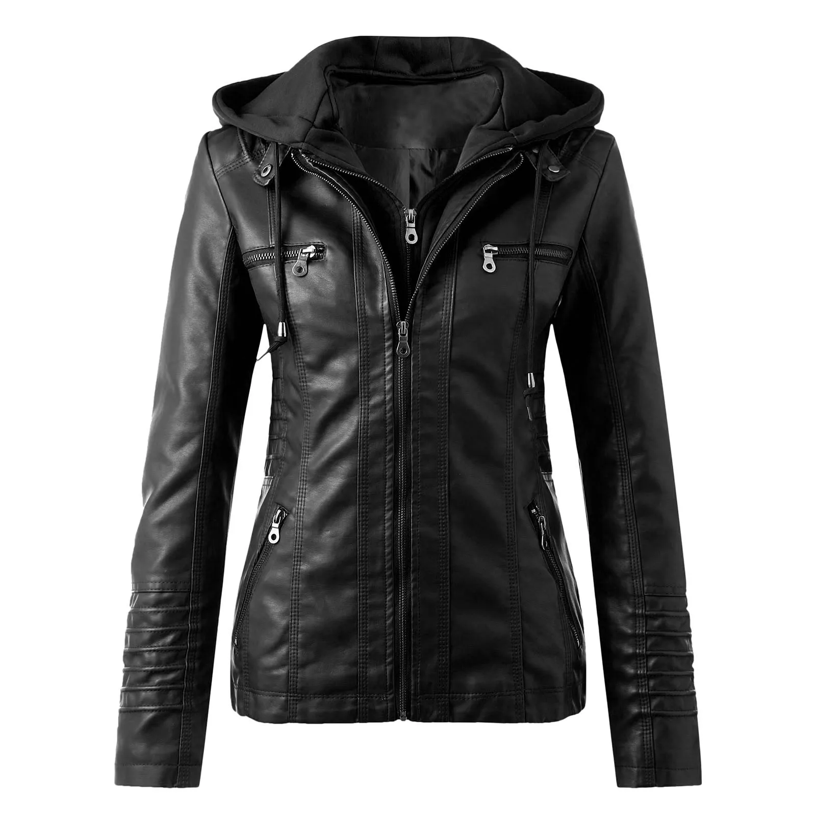 

Chic Leather Jackets Women2021 Casual Solid Color Long Sleeve Bomber Jackets With Hood Zipper Fly chaquetas para mujer
