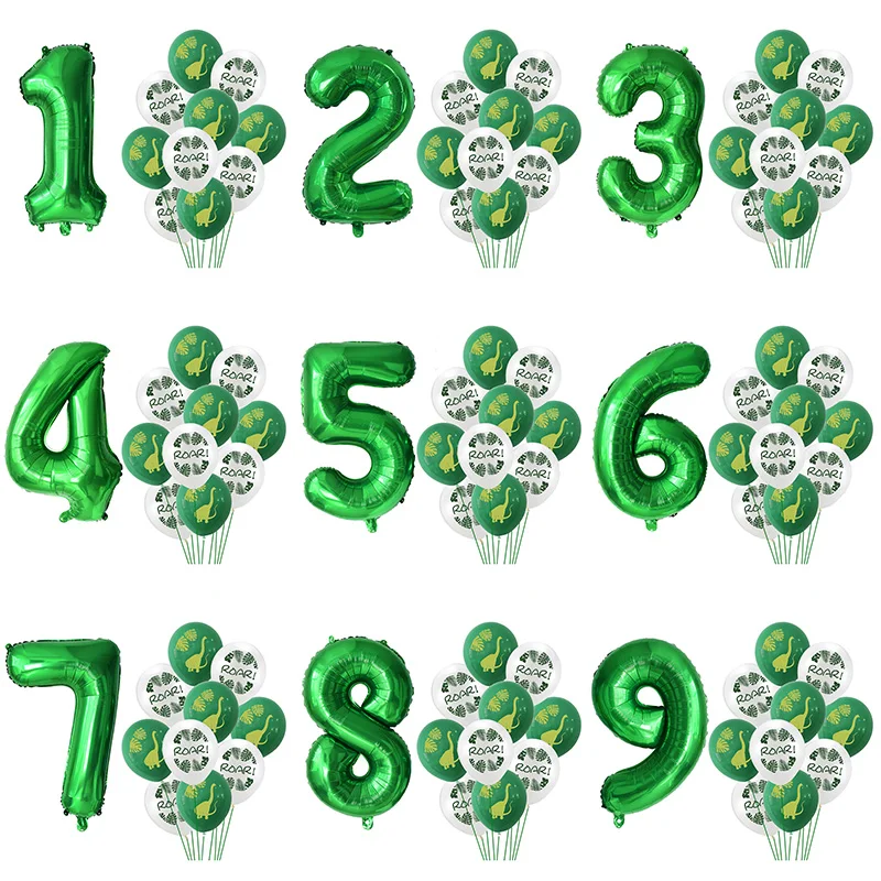 

11pc/green Aluminum Foil 0-9 Number Birthday Balloon Dinosaur Latex Balloon Kids Jungle Theme Animal Party Home Decoration