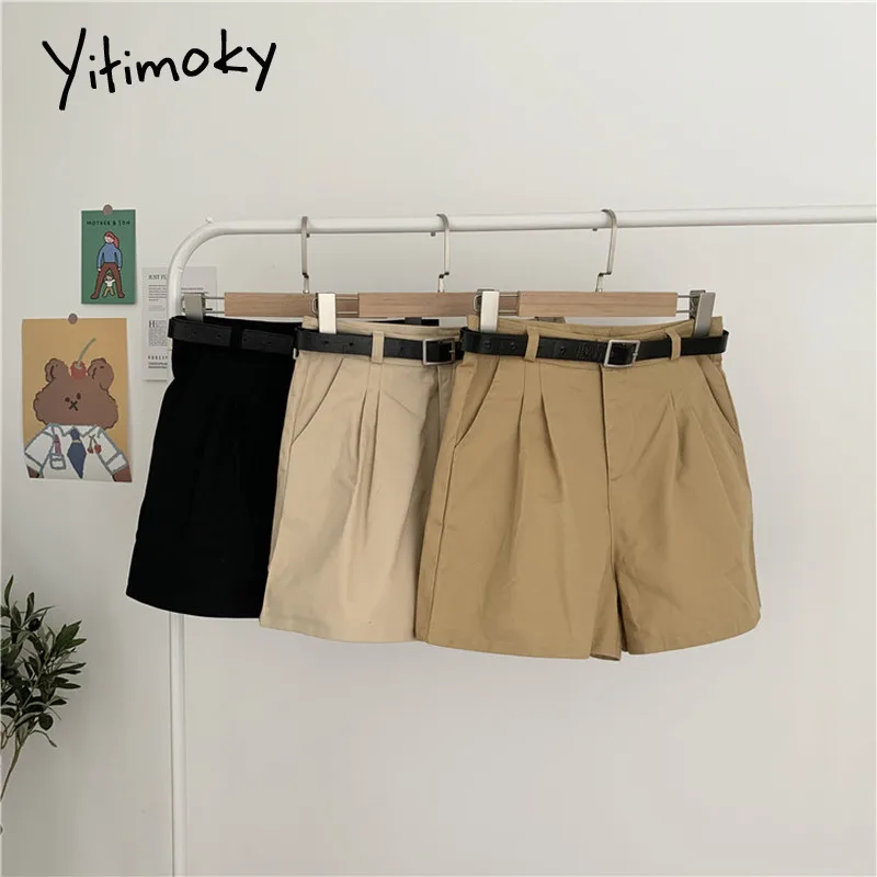 Шорты женские с завышенной талией и ремнем цвета хаки бежевые черные | Женская