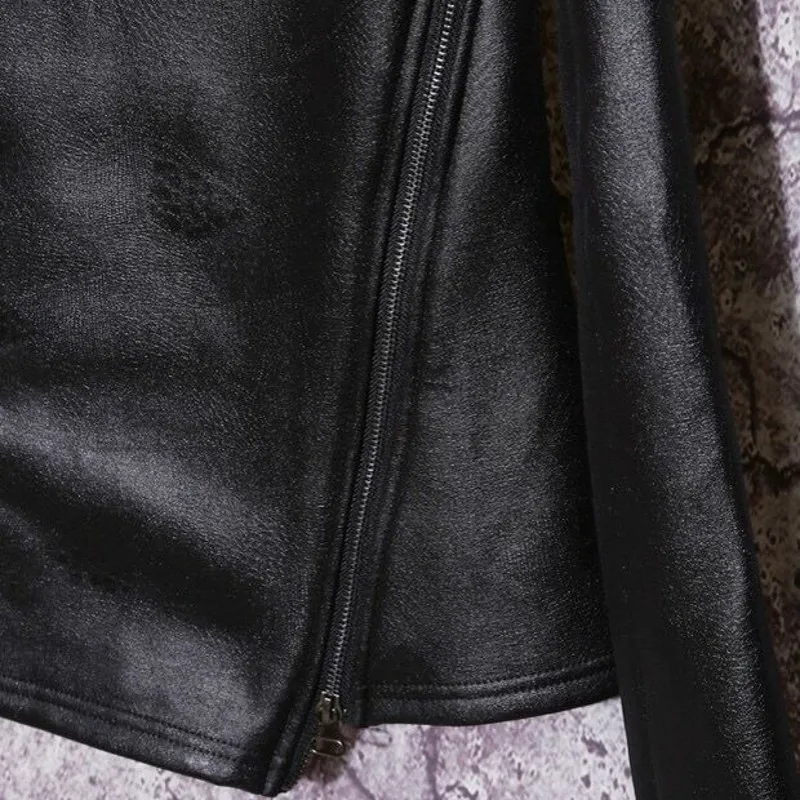 

Autumn Winter Men Stand Collar Warm Fleece Lining Pullover Gothic Slim Fit Punk Coat Black Motorcycle Pu Leather Jacket