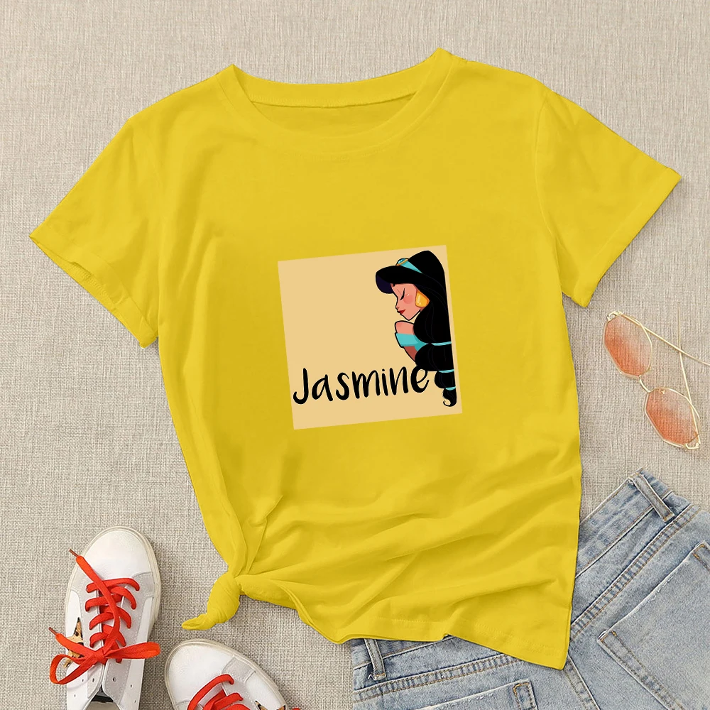 

Free Shipping Spain Women's T-Shirt Disney Princess Jasmine Yellow Elegant O-Neck Tee Shirt Street Summer Woman Tshirt Hipster