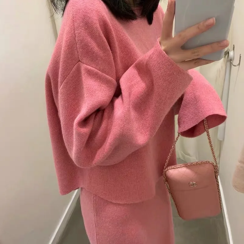 

Elegant Cashmere sweater skirt 2pcs Knit Pullovers Top Skirt Suit Set Soft Suit Two-piece Female Knitted Skirt Suits Ka183