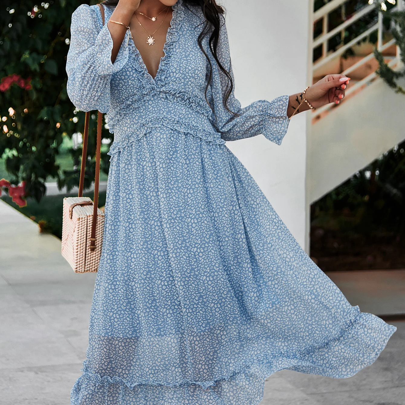 

ATUENDO Spring Long Sleeve Fashion Dress for Women Boho Wedding Guest Ladies Long Dresses Bohemian Sexy High Waist Maxi Robe