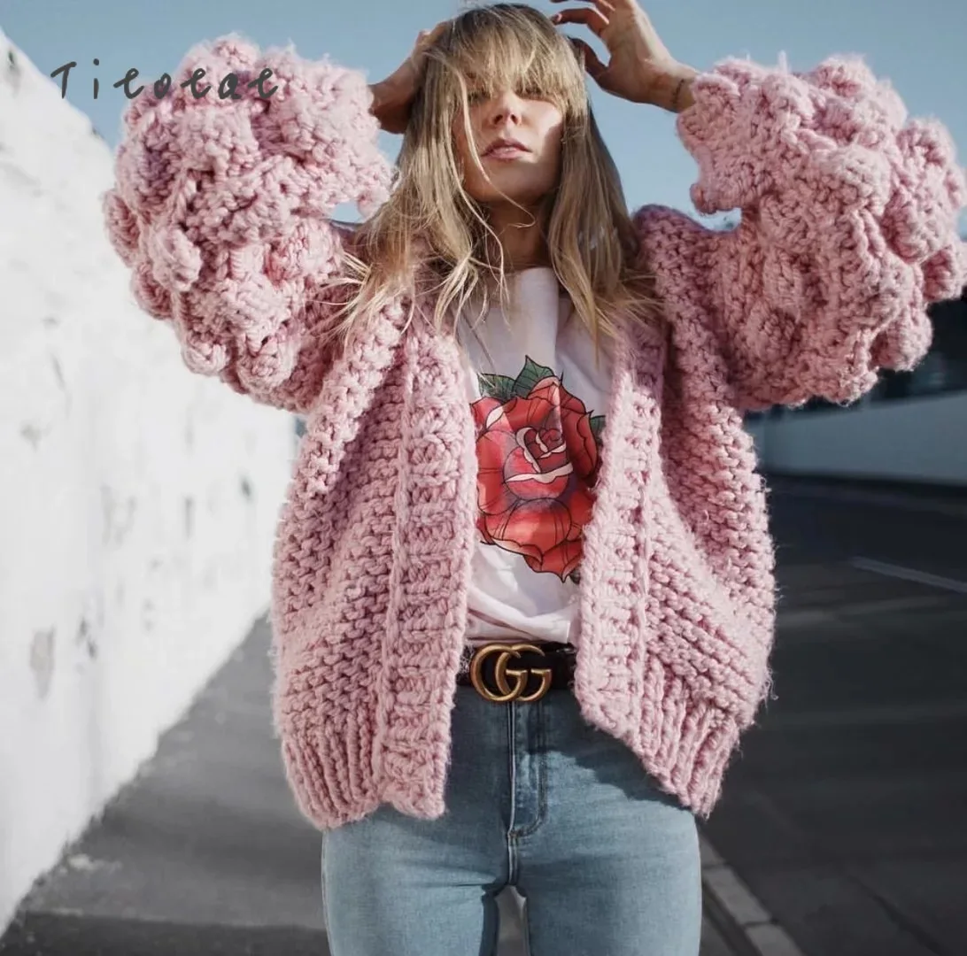 2021 Promotion Full Standard Solid Pull Great Cardigan Women Weave Coarse Needle Fall Winter New Europe Black Sweater Pink Knit |