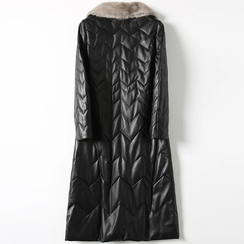 Женский пуховик из натуральной кожи с воротником меха норки|Кожаные куртки| |