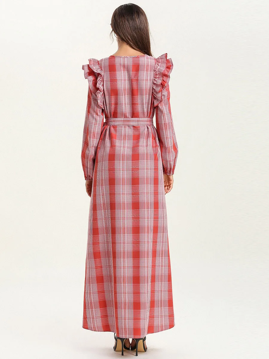 2019 abaya Femme Musulman осеннее Плиссированное тонкое платье в клетку с длинными рукавами