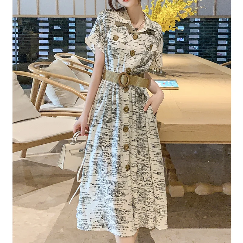 

WKFYY Causal Letter Print Turn Down Collar Short Sleeve Belt Single Breasted Loose Maxi Long Ankle Length Shirt Dress D4113