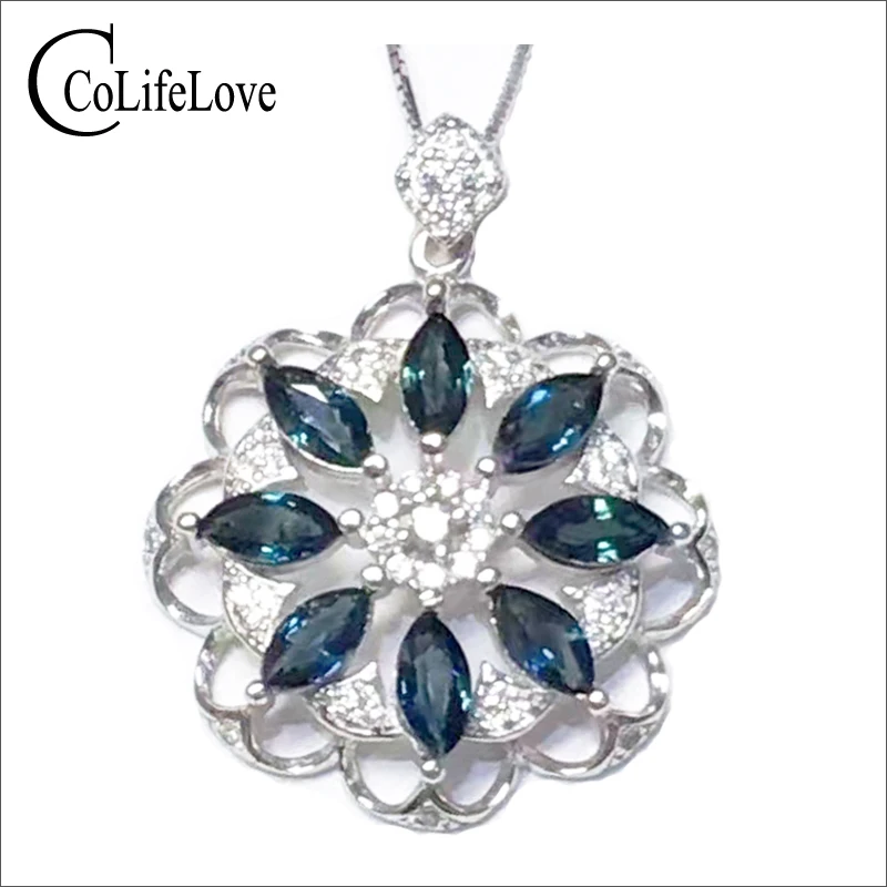 Luxurious silver sapphire pendant 8pcs 3mm*6mm natural dark blue sapphire gemstone necklace pendant solid 925 silver gem pendant