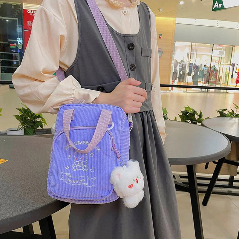 Corduroy Crossbody Bag Women Embroidery Bear Transparent Cute Messenger Bags Japanese Style Solid Casual Handbags Female WY395