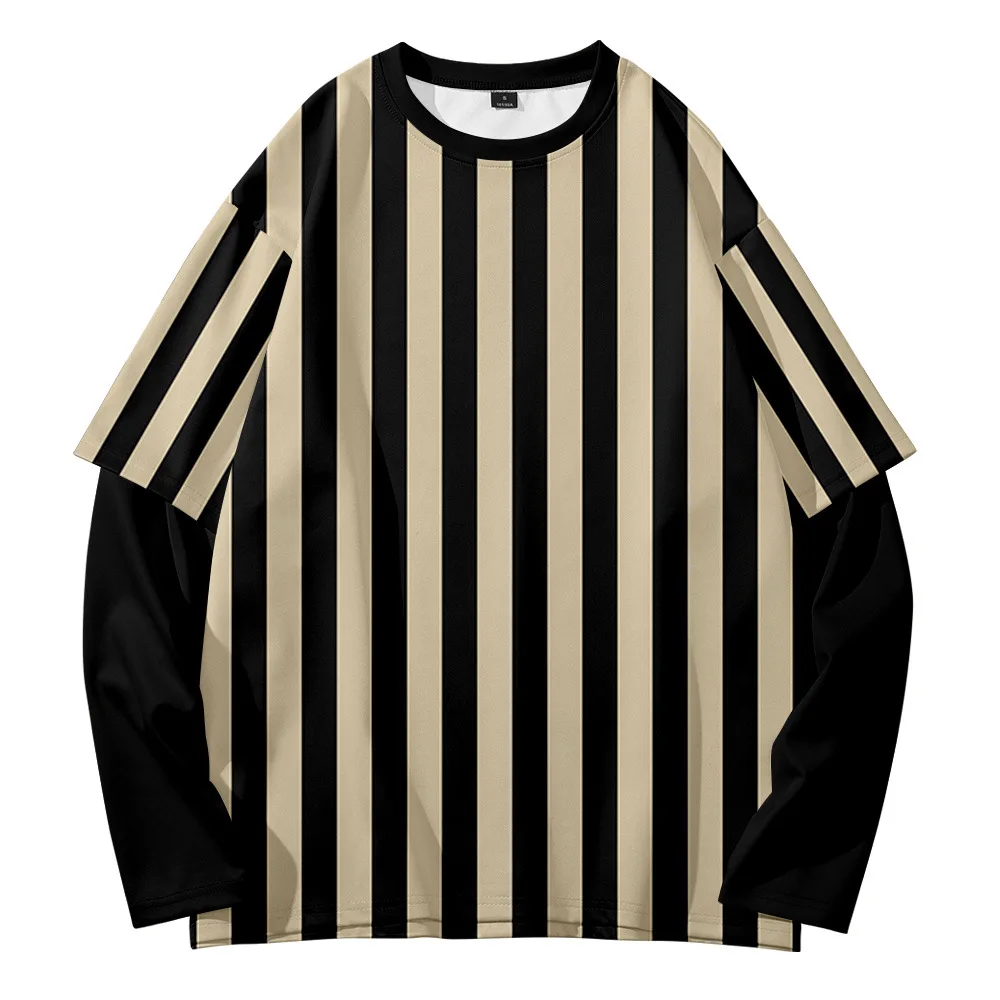 

Stripe stitching retro trend all-match casual summer travel fake two-piece round neck sweater