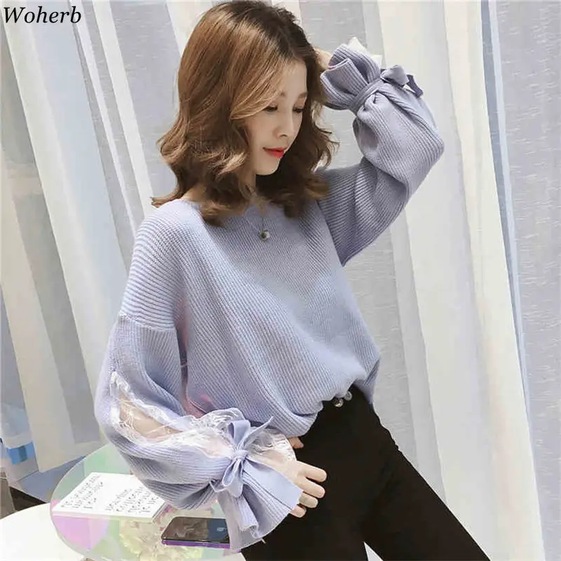 Woherb Hollow Out Lace Bandage Sweater Women Elegant Knitting Pullover Autumn 2021 Asymmetry Knitwear Jumper Sueter Mujer 20177 | Женская