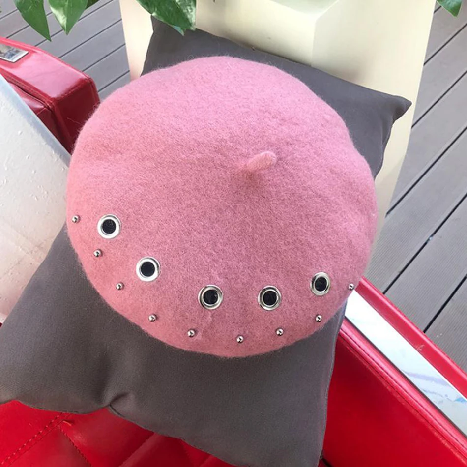 pink beret BUTTERMERE Зимние береты женские черные шерстяные плоские кепки s дамские заклепки отверстие капот британская Кепка художника Женская мода французская шляпа берет - Цвет: pink beret