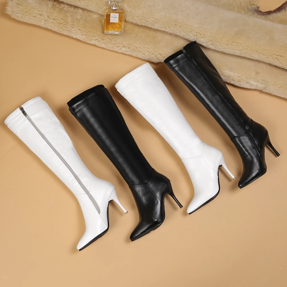 

Autumn Winter Fashion Black White Women Motorcycle Boots Solid Pointed Toe PU Leather Knee High Boots For Women Plus Size 34-45