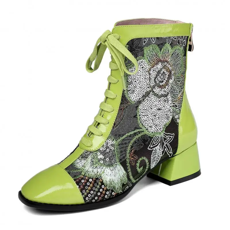 

Johnature Summer Boots Genuine Leather Women Shoes 2021 New Spring Square Toe Lace-up Zip Hollow Ankle Lace Mesh Sandals Boots