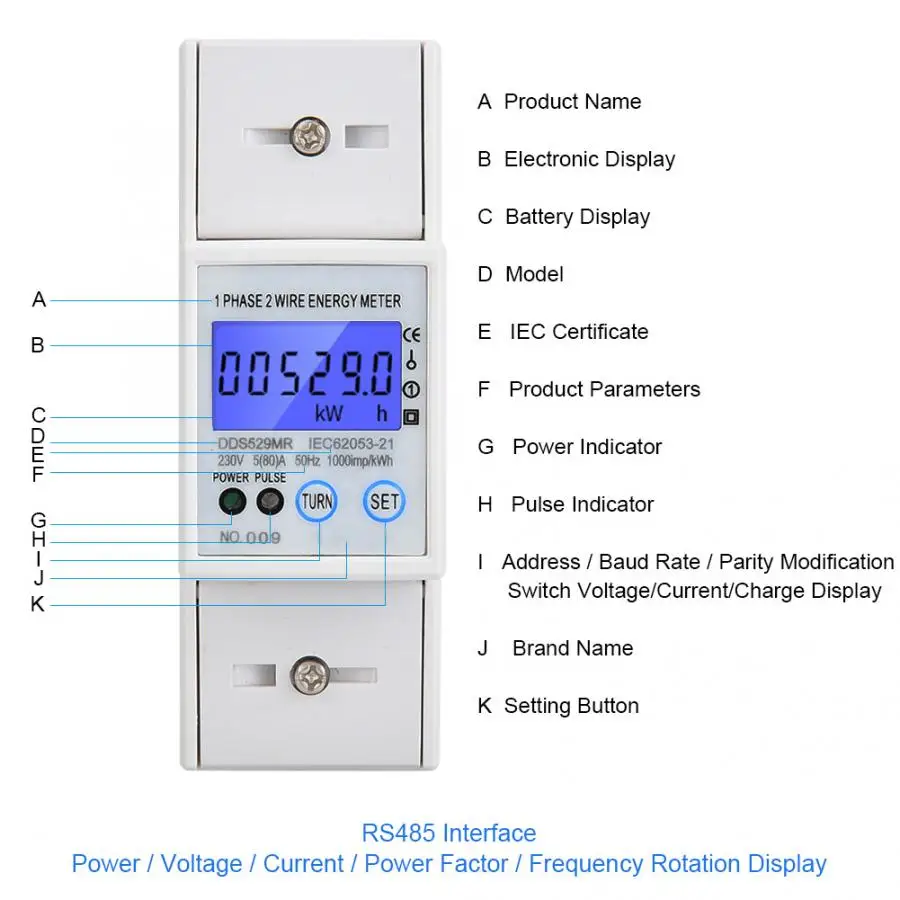 DDS529MR однофазный измеритель электрической энергии с ЖК цифровым дисплеем 230 В 2P din