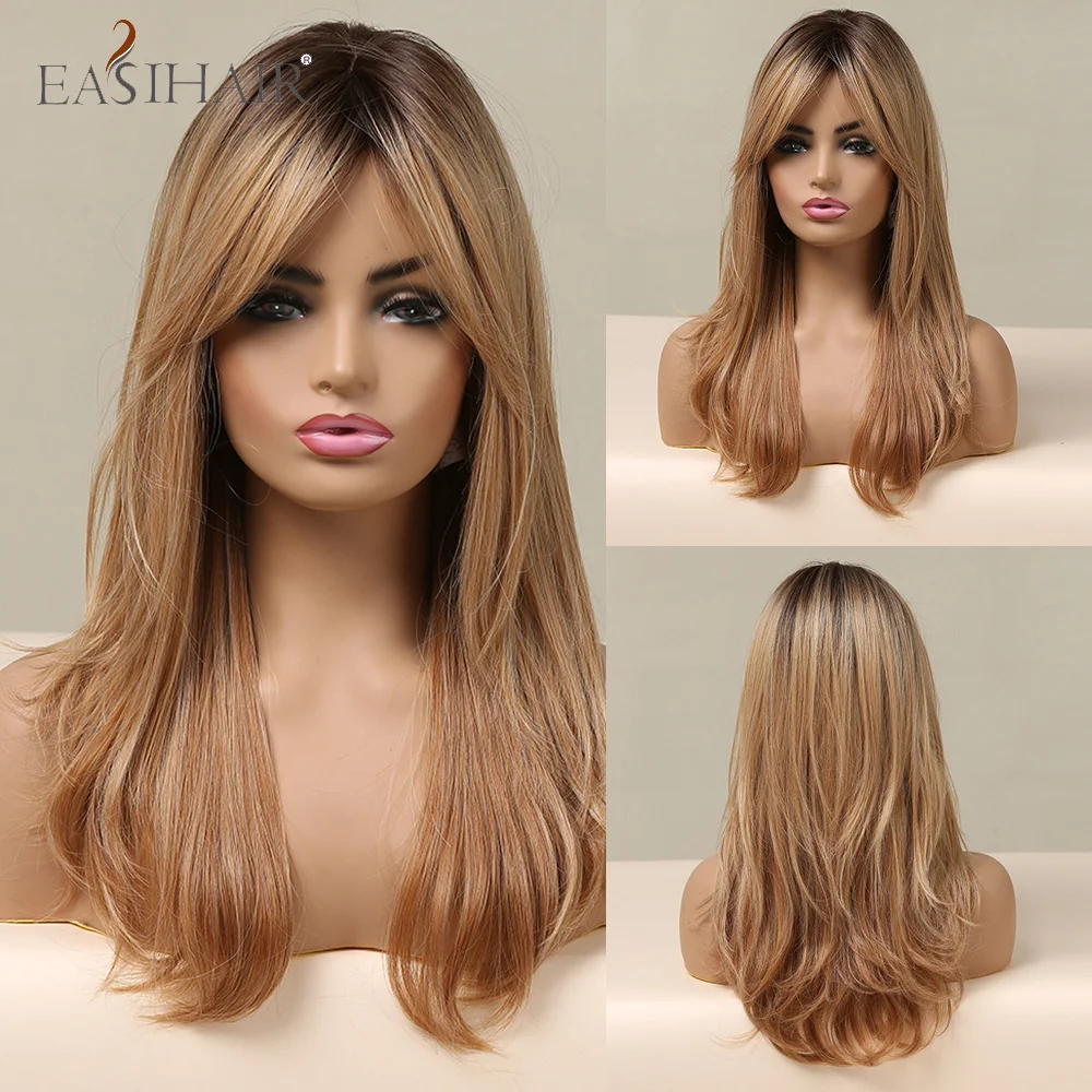 

EASIHAIR Long Wave Synthetic Wigs for Women Ombre Black Brown Golden Blonde Wigs with Bangs Cosplay Heat Resistant Fake Hair