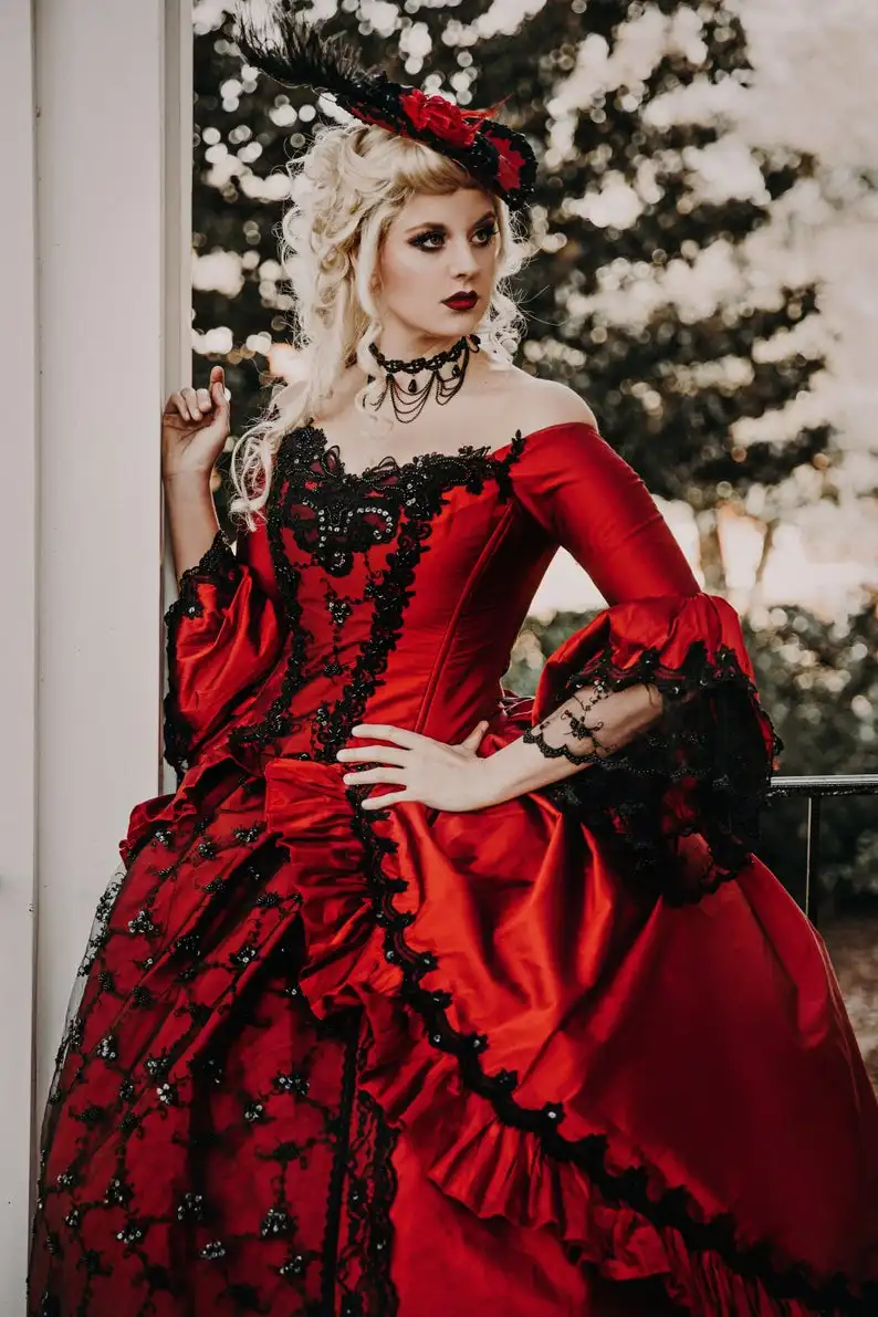 Красный, черный Marie Antoinette высококлассная викторианская готика Свадебный костюм платье ретро винтажный корсет на шнуровке Большие размеры Свадебные платья