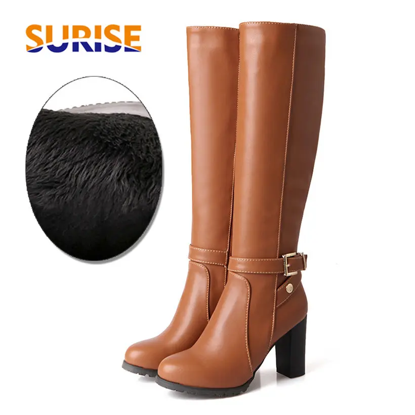 Winter Women Knee High Boots Black Brown Round Toe Square Chunky Heels Party Office Ladies Plush Zipper Buckle Long Riding Boots