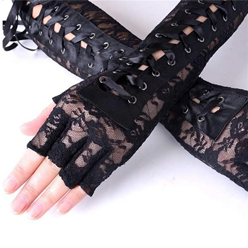

Women's Sexy Lace Long Gloves Winter Elbow Length Half-finger Gloves Ribbon Fingerless Fishnet Mesh Party Gloves