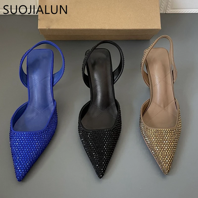 

SUOJIALUN 2022 Spring Women Sandal Shoes Thin High Heel Pointed Toe Slingback Sandals Ladies Fashion Bling Cystal Party Dress Sh