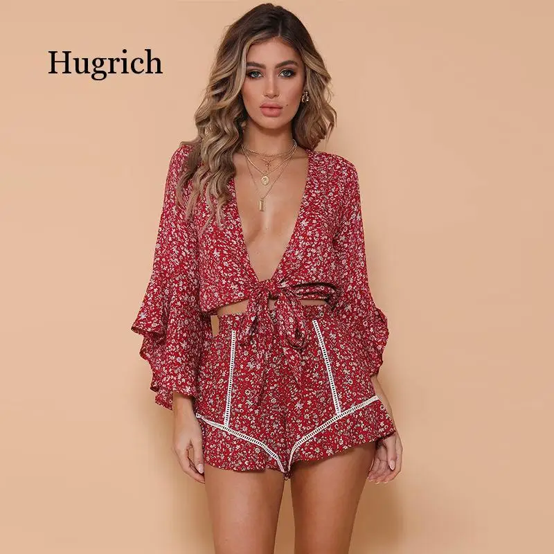 

European and American Sexy V-Neck Flared Sleeve Lace Up Polka Dot Shirt + Elastic High Waist Casual Lace Shorts Suit