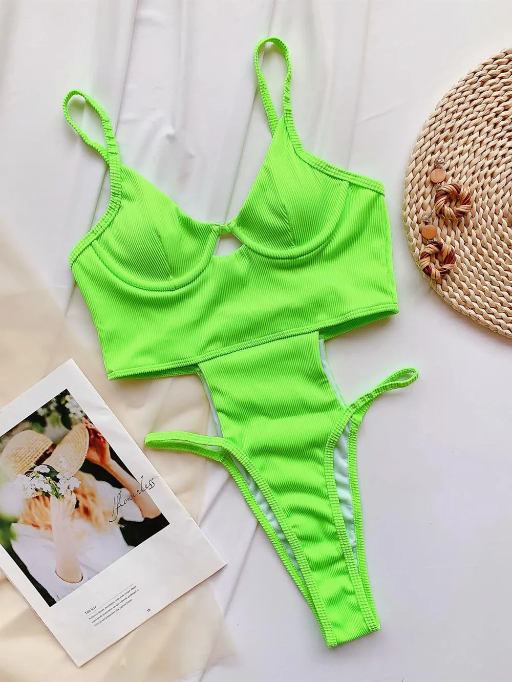 

Neon Green Hollow Out One Piece Swimsuit Women Swimwear Female Push Up Monokini See Through Bather Bathing Suit Swim Lady
