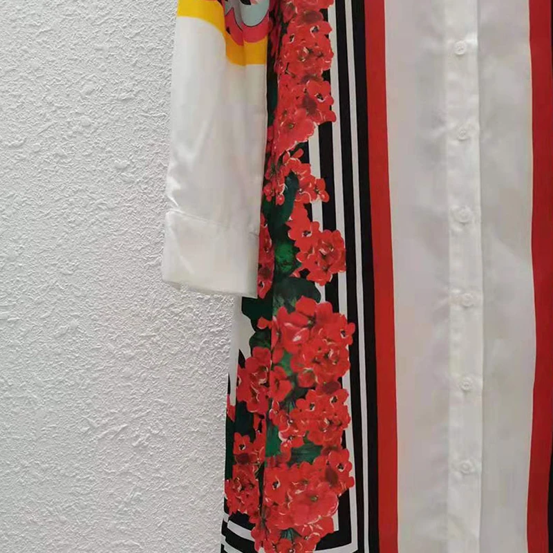 

AELESEEN Runway Fashion Shirt Dress High Quality Romantic Red Flower Print Striped Bandage Beading Diamonds Belt Mini Dress