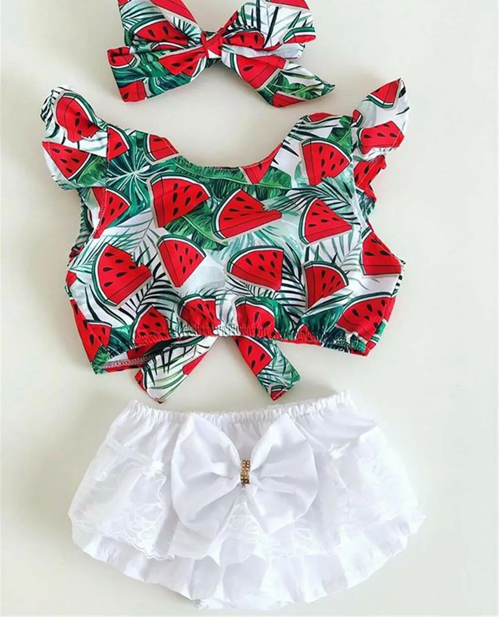 

Dropshipping 2Pcs Clothes Set Baby Girls Clothes Watermelon Crop Tops Lace Bowknot Shorts Set Outfits