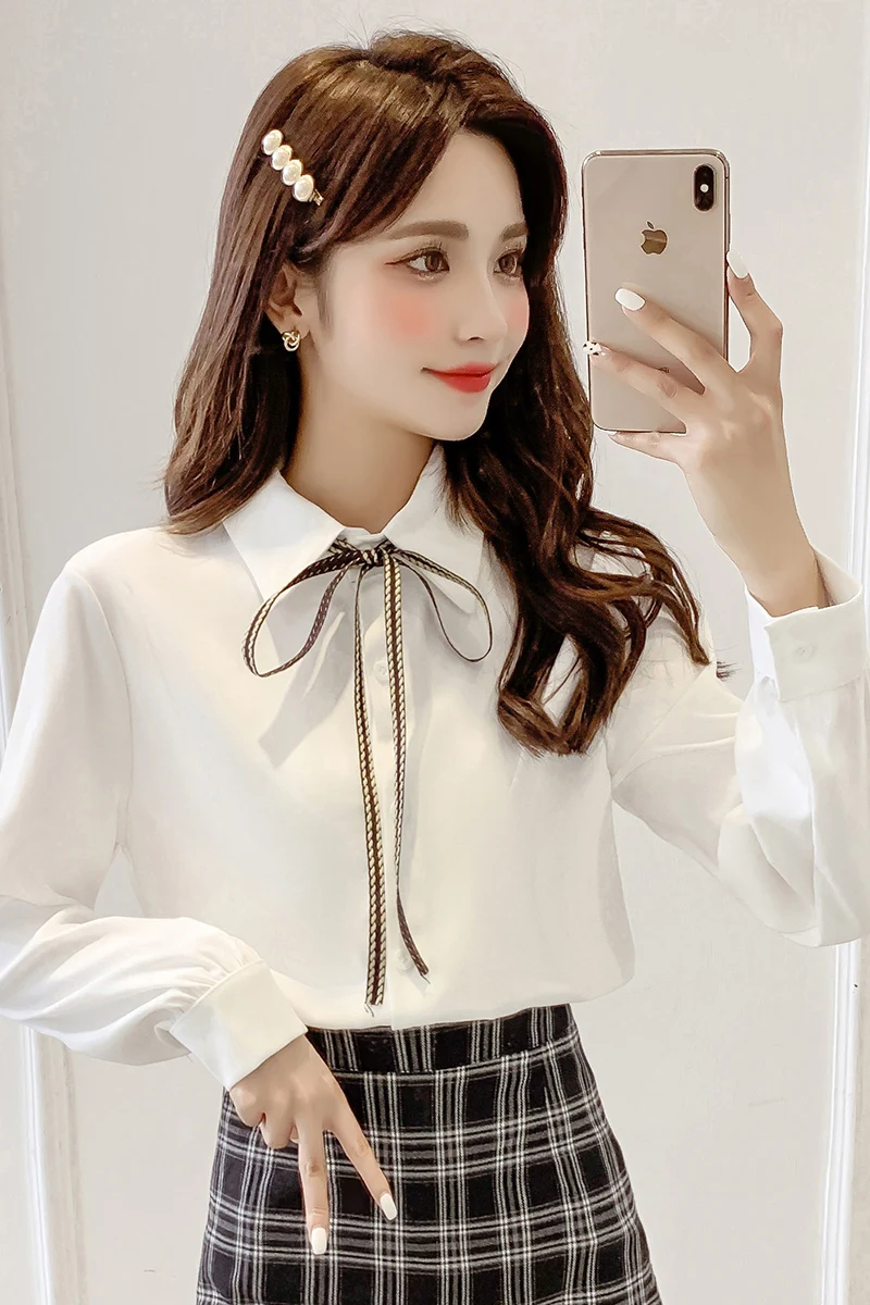 

New Cotton Long-sleeved Blouse Lapel Solid Color Bow Summer Tops Thin Comfortable Fashion Casual Shirt 2021 Houthion