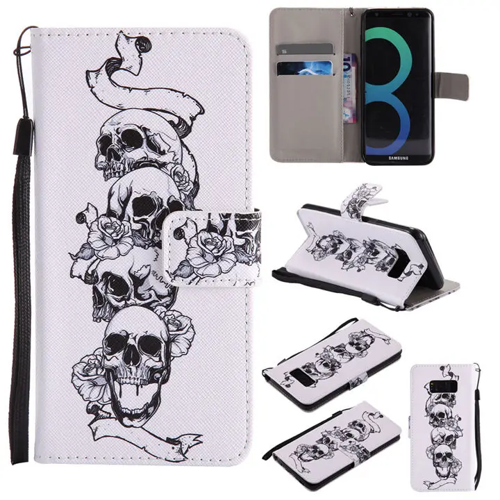Skull Милый кожаный чехол-книжка для Funda samsung Galaxy S8 S9 Plus S7 S6 Edge чехол с кошкой и деревом для глаз чехол-кошелек с подставкой и отделением для карт P06F - Цвет: Skull