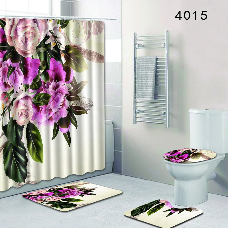 

Decoration Shower Curtain Waterproof Entrance Doormat Bathroom For Bath Anti-Slip Rug Home 4Pcs Set Toilet Seat Cover Floor Mat