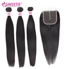Сладкие волосы бразильские волосы пучки прямые с закрытием 100% человеческие волосы 3 пучка с кружевом Закрытие бесплатная часть не реми волосы