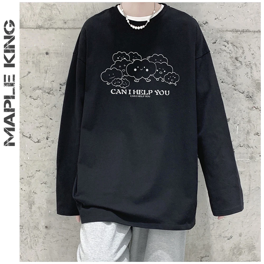 

Men's Long Sleeve T-Shirt Autumn Funny Cartoon Clouds Print Baggy Couple Tops Plus Size Round Collar T Shirts For Men Streetwear