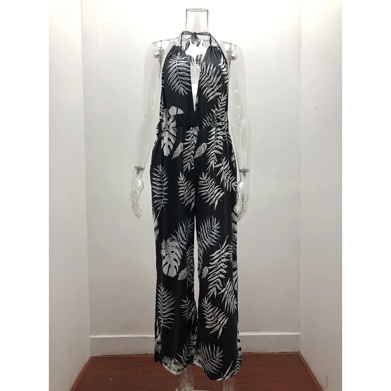 

Sexy Floral Print Backless Jumpsuits Women Halter Deep V Neck Sleeveless Rompers 21 Summer Elegant Chic Jumpsuit Female LD2033