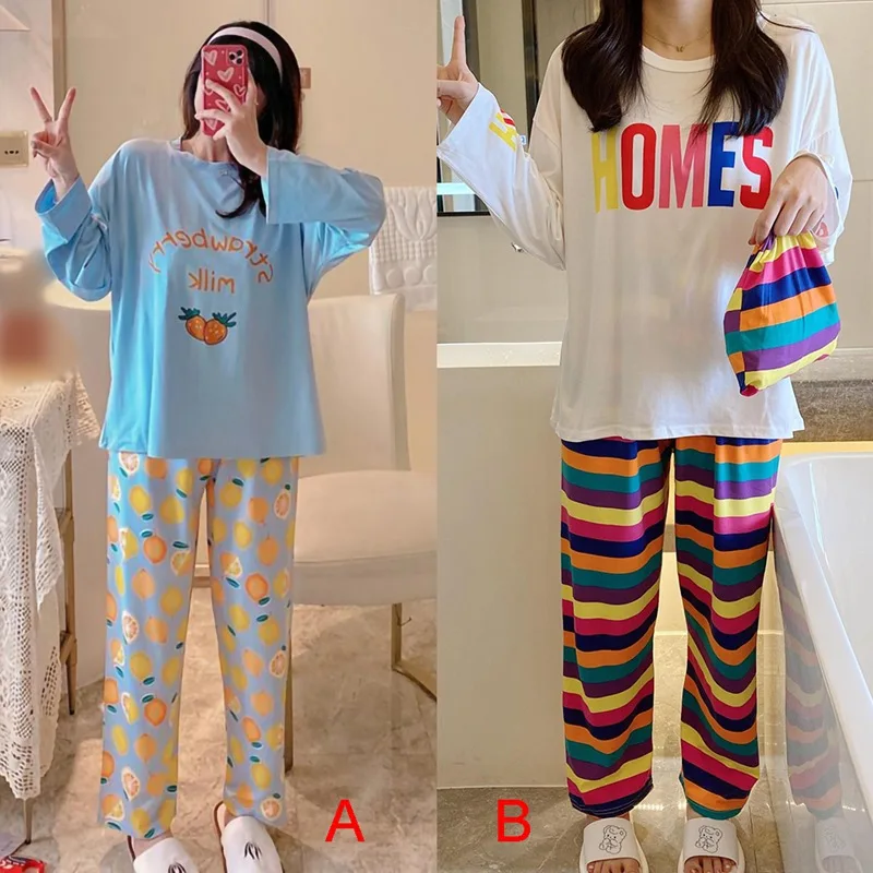 

Woman Casual Loose Cotton Pajama Sets Long Sleeves Shirt + Long Pants Pajamas Two-piece Homewear Suit
