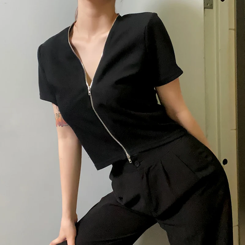 

2020 New Fashion Slim Fit Zipper T-shirt Black Women Female Bustier Corset Tops High Neck Women Croped Tops Tee Solid Shirt