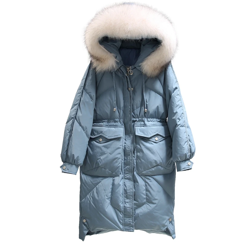 Женская Длинная зимняя куртка с капюшоном большим воротником из меха енота