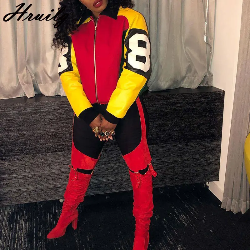 

Autumn Winter Long Sleeve Jacket Turn-down Collar Colorful Matching Casual Jackets Coats Zipper Design Streetwear Women's Jacket