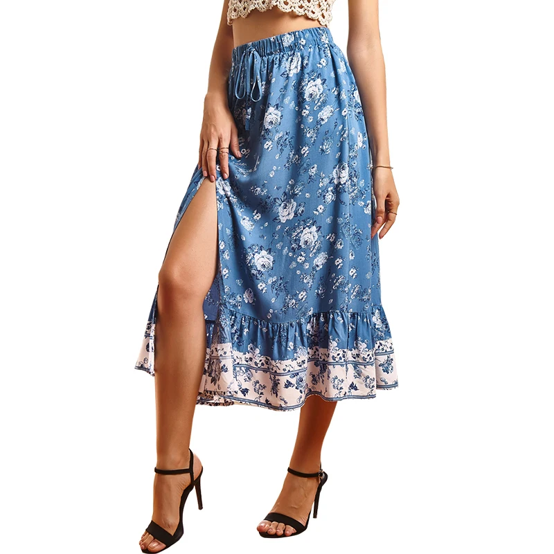 

Summer Floral Print New Midi Skirt Women Elastic Waist Drawstring Sexy Split Office Lady Elegant Vintage Streetwear Skirt