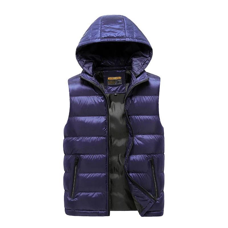 Dark Blue Зимние мужские жилеты с капюшоном без рукавов куртки теплые 20D ватные Дутые жилеты жилет пальто Плюс Размер M-5XL - Цвет: Dark Blue